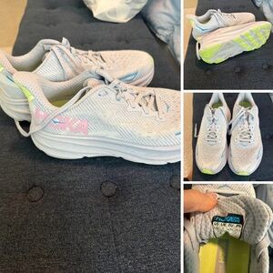 Hoka One One Women's Running Shoes - Light Gray with Pink & Lime Accents